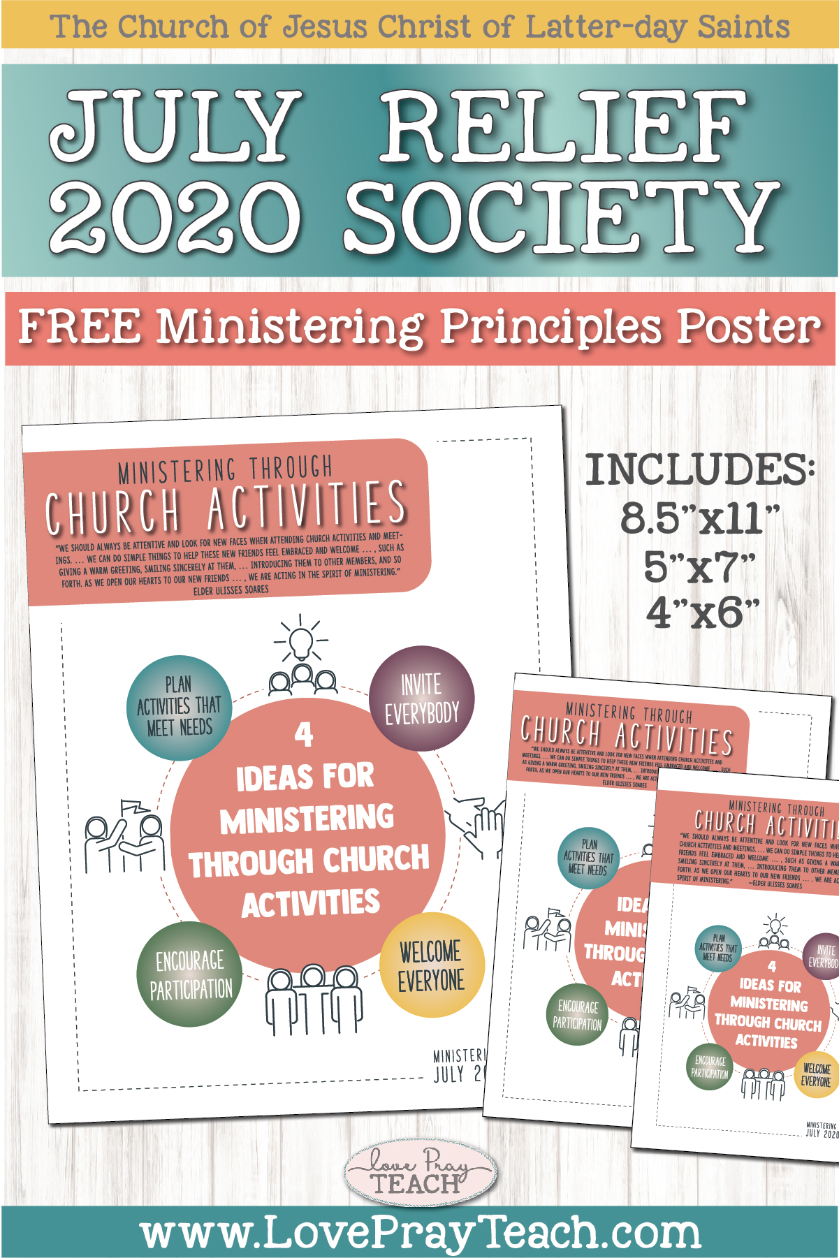 July 2020 Ministering Principles poster and handout for Relief Society www.LovePrayTeach.com